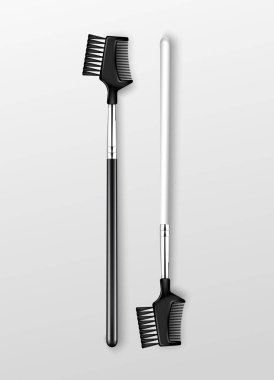 Vektör siyah profesyonel makyaj kirpik kaş tarak fırça ile siyah beyaz işleme izole beyaz arka plan üzerinde