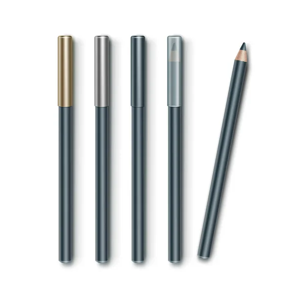 Conjunto vectorial de lápices de maquillaje cosméticos azules grises con tapas transparentes de plata dorada aisladas sobre fondo blanco — Archivo Imágenes Vectoriales