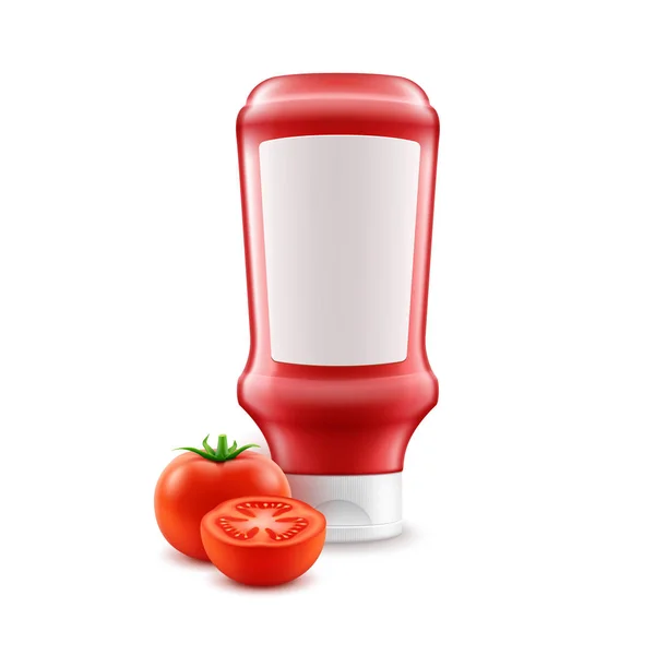 Botella de ketchup de tomate rojo de plástico en blanco vectorial para marca con etiqueta blanca y tomates frescos cortados aislados sobre fondo blanco — Vector de stock