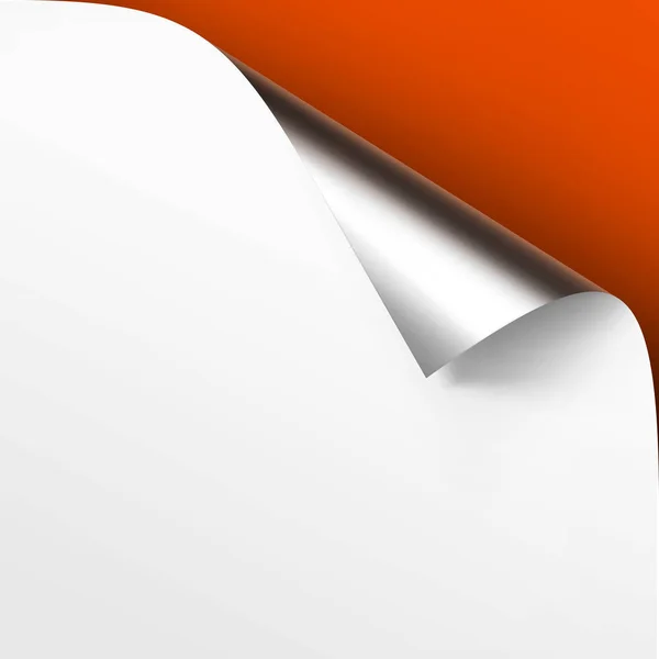 Vektor gewellt metallische silberne Ecke aus weißem Papier mit Schatten-Attrappe bis Nahaufnahme isoliert auf orangefarbenem Hintergrund — Stockvektor