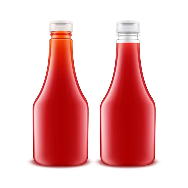 Set vectorial de botella de ketchup de tomate rojo de plástico de vidrio en blanco para branding sin etiqueta aislada sobre fondo blanco — Vector de stock