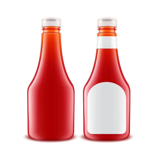 空白玻璃塑料红色番茄番茄酱瓶的矢量集白色背景上的白色标签 — 图库矢量图片