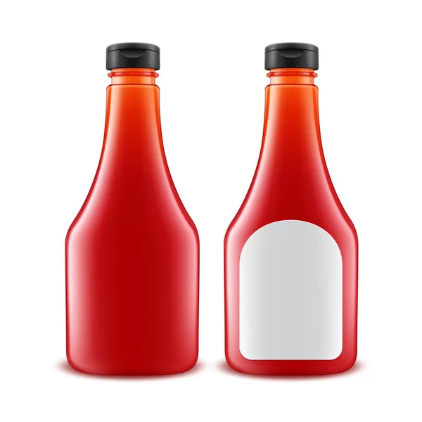 Vektor-Set aus leerem Glas Kunststoff rote Tomatenketchup-Flasche für Branding mit weißem Etikett auf weißem Hintergrund isoliert — Stockvektor
