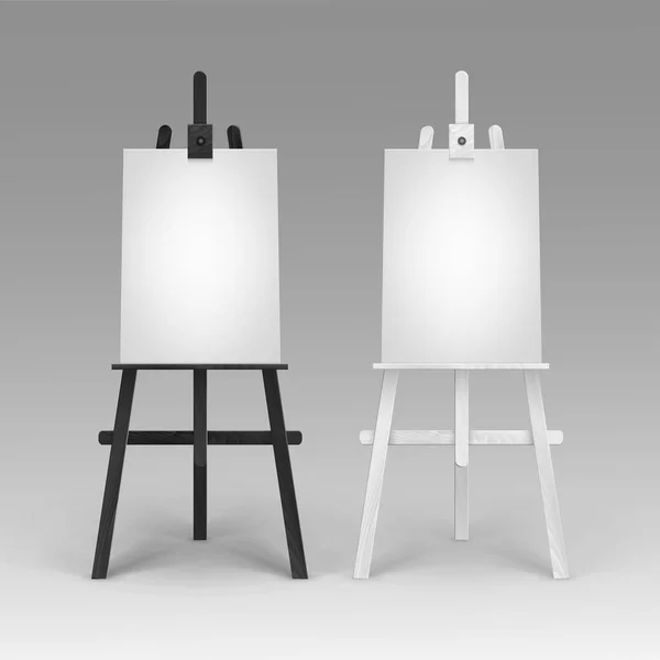 Vector Set of Wooden Black White Easels with Mock Up Empty Blank Vertical Canvases Isolated on Background — Stock Vector