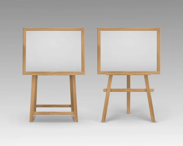 Vector Set of Wooden Brown Sienna Art Boards Easels with Mock Up Empty Blank Horizontal Canvases in Frame Isolated on Background — Stock Vector