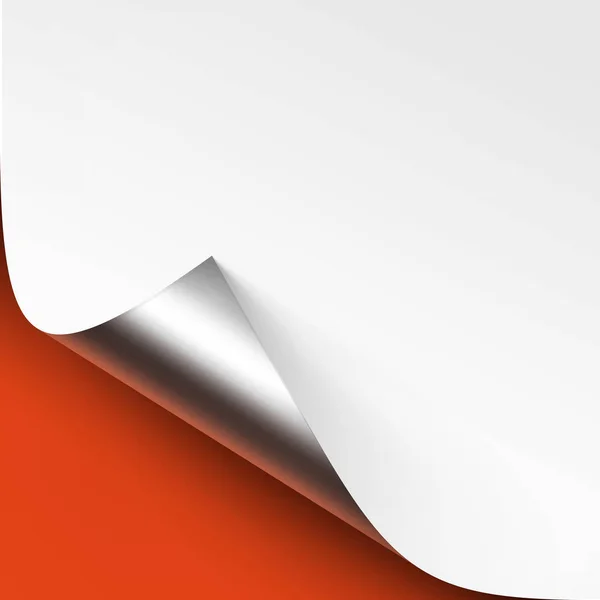 Vektor gewellt metallische silberne Ecke aus weißem Papier mit Schatten-Attrappe bis Nahaufnahme isoliert auf orangefarbenem Hintergrund — Stockvektor