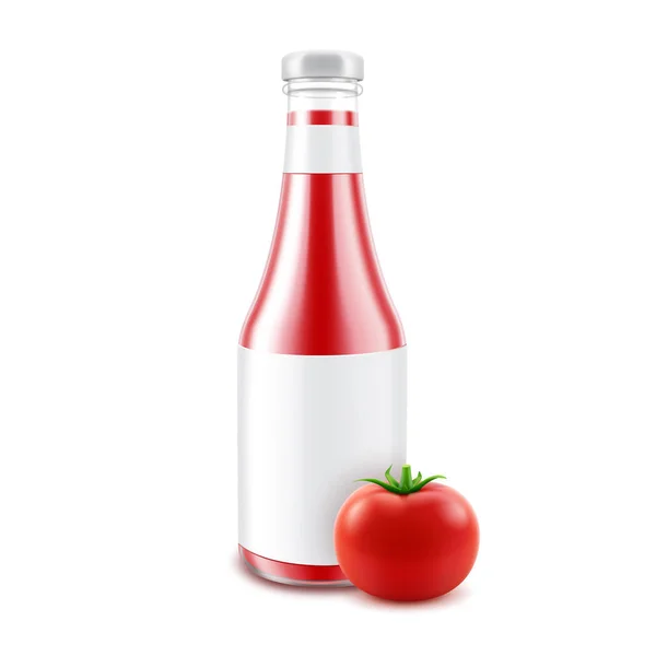 矢量空白玻璃光泽红番茄番茄酱瓶标签和新鲜番茄在白色背景下分离 — 图库矢量图片