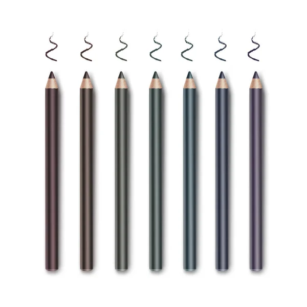 Vektor Set von farbigen dunkelbraun weinig blau grün violett lila Kosmetik Make-up Eyeliner Bleistifte mit Musterstrichen isoliert auf weißem Hintergrund — Stockvektor