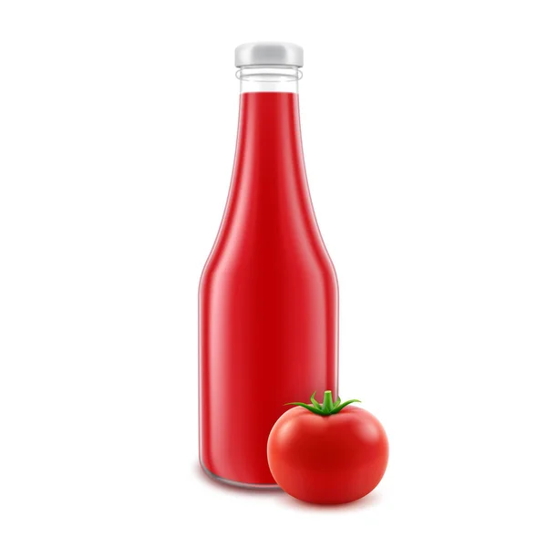 Garrafa de ketchup de tomate vermelho de vidro em branco vetorial para marcar sem rótulo e tomate fresco isolado em fundo branco —  Vetores de Stock