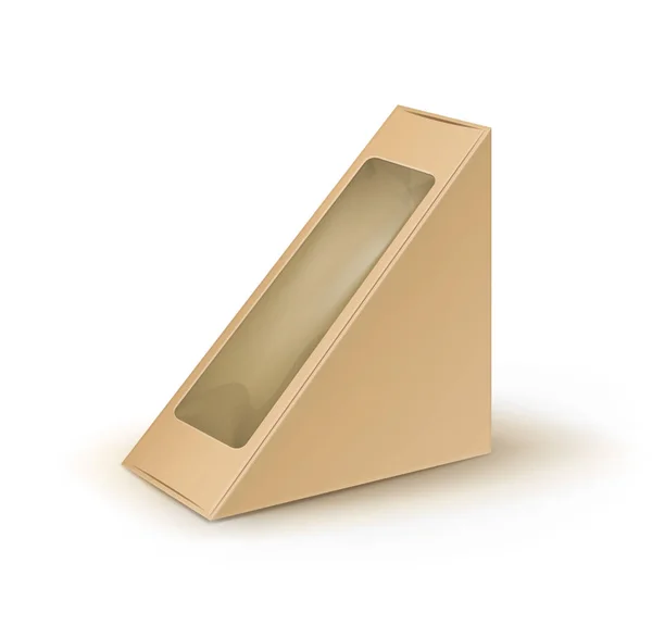Vektor barna üres karton háromszög vegye el doboz csomagolás a szendvics, élelmiszer, ajándék, egyéb termékek műanyag ablak mintája fel közelről elkülönített fehér háttér — Stock Vector
