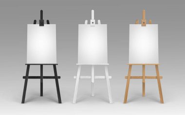 Ahşap kahverengi siyah beyaz Sienna Easels boş boş dikey tuval üzerinde arka izole kadar sahte ile vektör kümesi