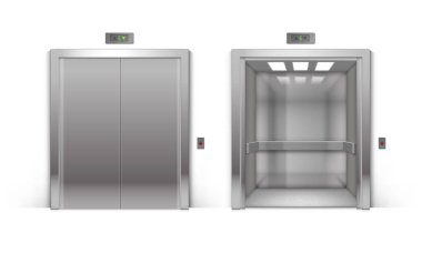 Arka plan üzerinde izole vektör gerçekçi açık ve kapalı krom Metal ofis binası Asansör kapıları