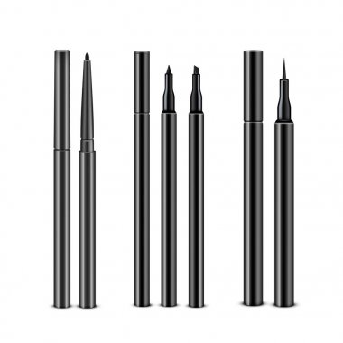 Beyaz arka plan üzerinde izole kapaklar olmadan Diffrent siyah kozmetik makyaj Eyeliner kalemler ile vektör Set