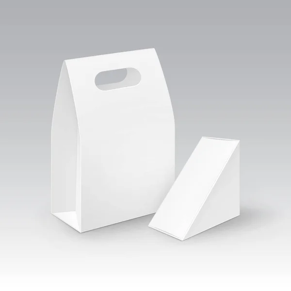Conjunto de vectores de triángulo rectángulo de cartón blanco para llevar manejar cajas de almuerzo Embalaje para sándwich, comida, regalo, otros productos Mock up Close up Aislado sobre fondo blanco — Archivo Imágenes Vectoriales