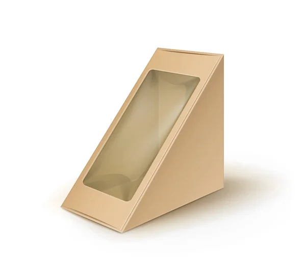 Vector Brown Blank Cardboard Triangle Take Away Box Emballage pour sandwich, nourriture, cadeau, autres produits avec fenêtre en plastique Mock up Fermer Isolé sur fond blanc — Image vectorielle