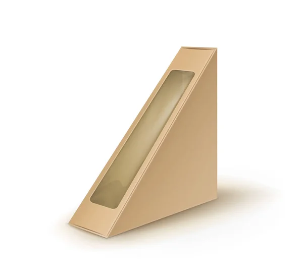Vector Brown Blank Cardboard Triangle Take Away Box Embalaje para sándwich, comida, regalo, otros productos con ventana de plástico — Vector de stock