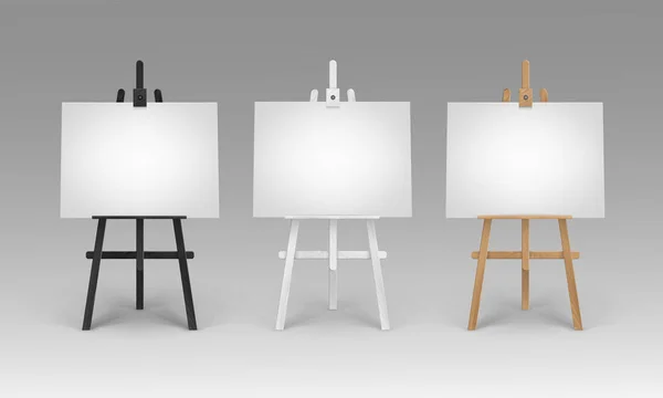 Vector Set of Wooden Brown Black White Sienna Easels with Mock Up Empty Blank Horizontal Canvases Isolated on Background — Stock Vector