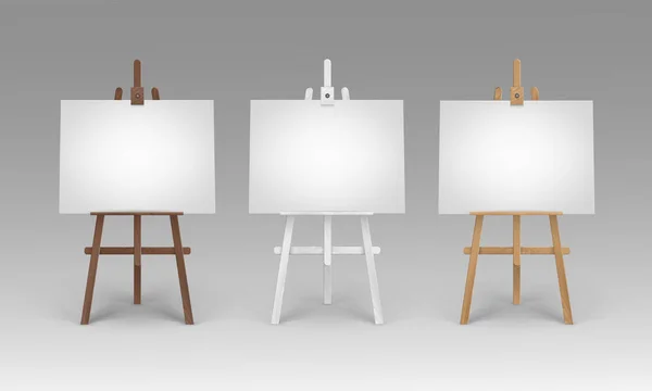 Vector Set of Wooden Brown White Sienna Easels with Mock Up Empty Blank Horizontal Canvases Isolated on Background — Stock Vector