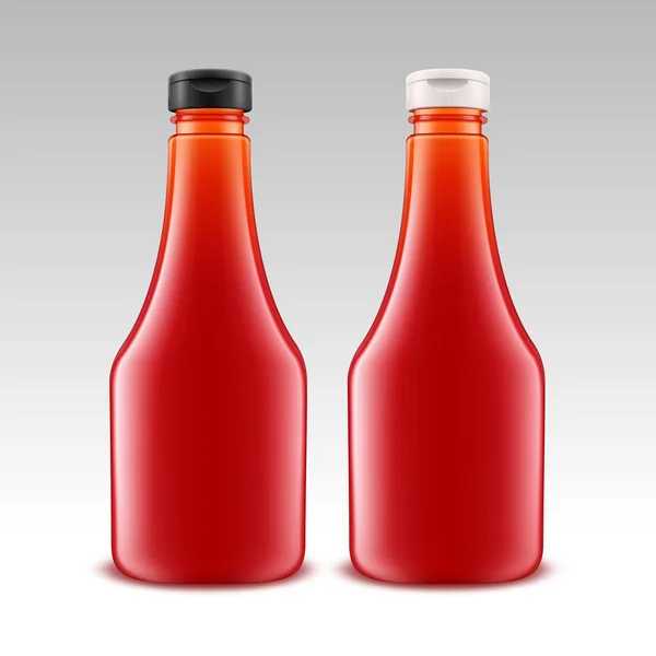 Vector ställa av tomma glas röd tomat Ketchup plastflaska för Branding utan etikett isolerade på vit bakgrund — Stock vektor