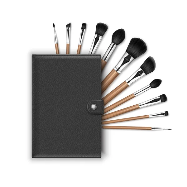 Vector Set of Black Clean Professional Makeup Concealer Powder Blush Eye Shadow Brow Brushes with Wooden Handles and Black Leather Case Isolated on White Background — Stock Vector