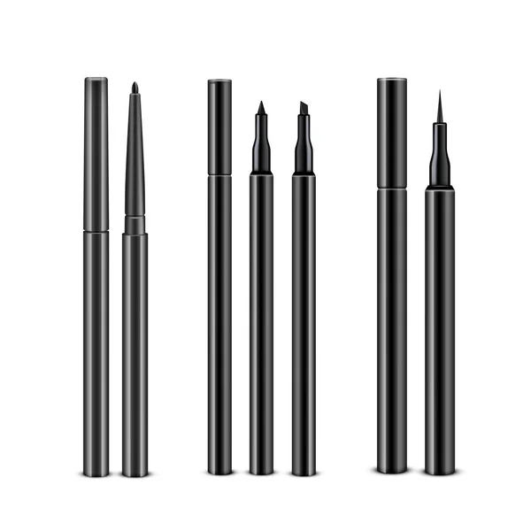 Conjunto vectorial de lápices de lápiz de ojos cosméticos negros diffrentes con sin tapas aisladas sobre fondo blanco — Archivo Imágenes Vectoriales