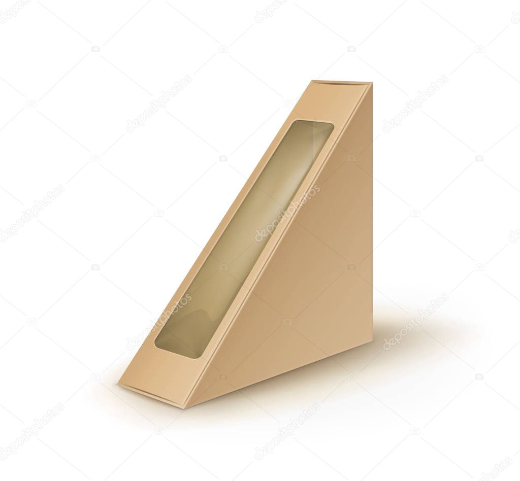 Vector Brown Blank Cardboard Triangle Take Away Box Packaging For Sandwich, Food, Gift, Other Products with Plastic Window Mock up Close up Isolated on White Background