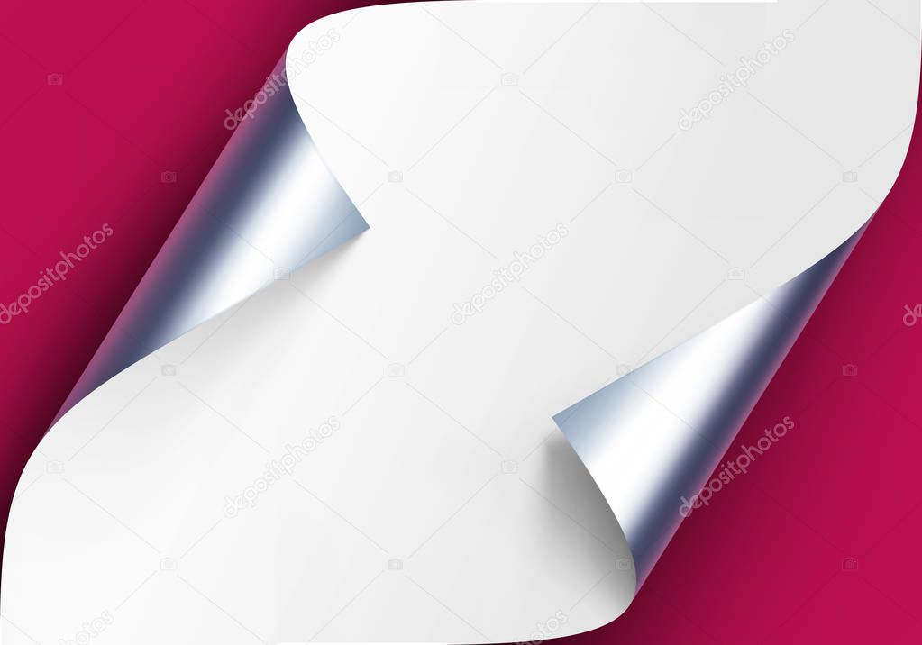 Vector Curled Metalic Silver Corners of White Paper with Shadow Mock up Close up Isolated on Pink Magenta Background