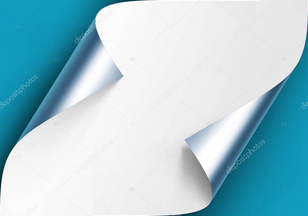 Vector Curled Metalic Silver Corners of White Paper with Shadow Mock up Close up Isolated on Light Blue Background