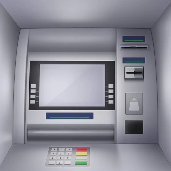 Ilustração Realista do Vetor de uma Máquina ATM com Interface em branco, Teclado, Fenda para Cartão de Crédito e Moeda . — Vetor de Stock