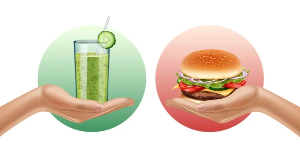 Deux mains tenant verre à smoothie et hamburger. Choix. Opposition. Concept de mode de vie sain. Illustration réaliste — Image vectorielle