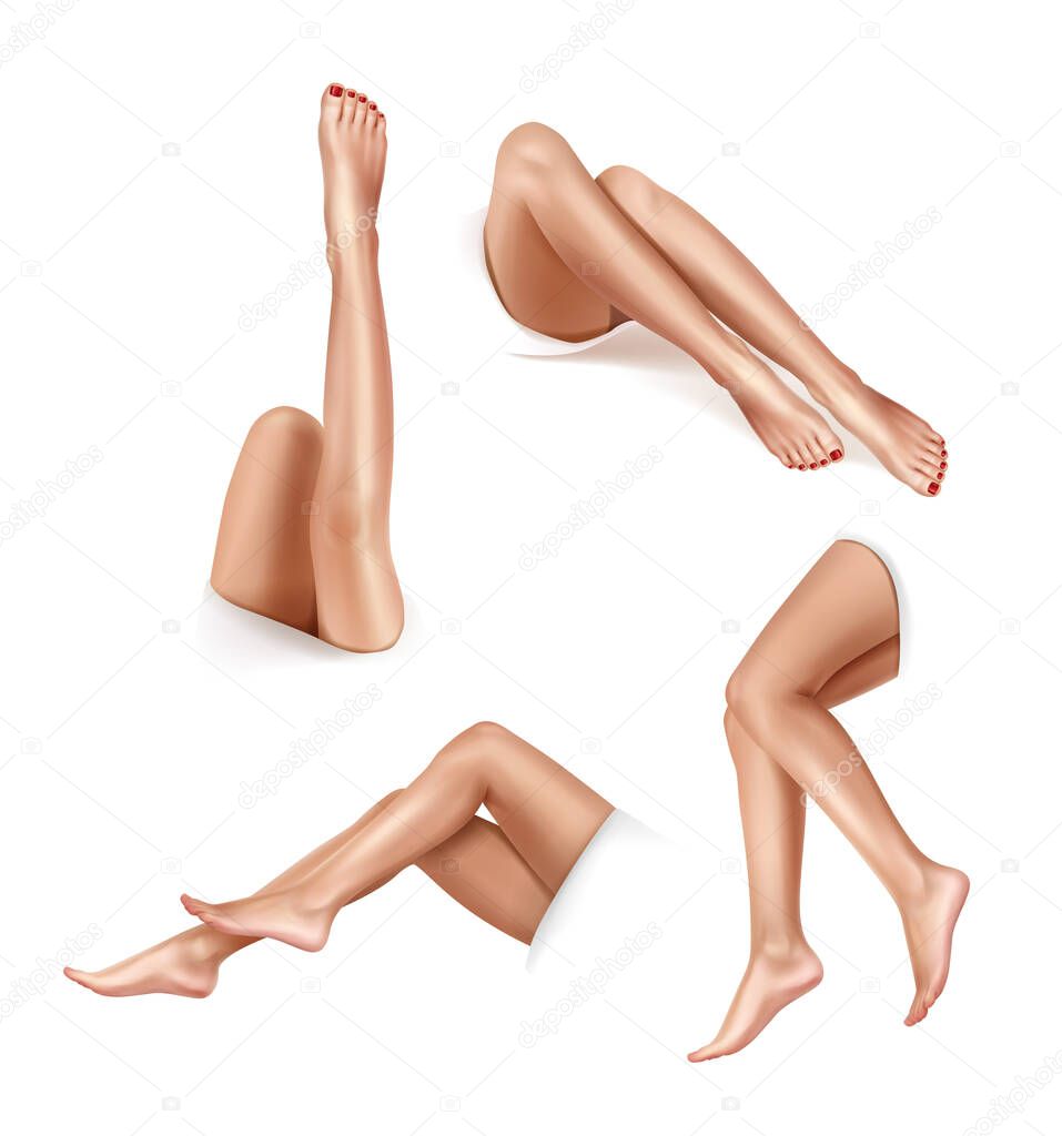 Beautiful womens legs in various positions. Depilation concept. Vector realistic illustration isolated on white