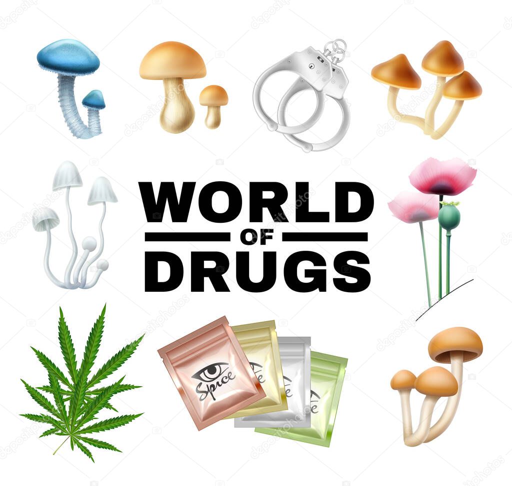Word of drugs vector illustration isolated on white. Mushrooms, poppy, cannabis, spice, wristbands