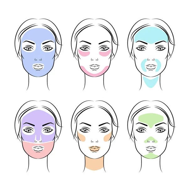 Simple vector illustration face masks applying scheme, colored face zones, skin types. Cosmetology concept — Stock Vector