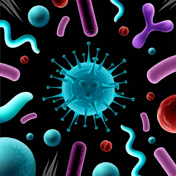 Berbagai jenis bakteri berwarna dengan latar belakang coronavirus pada warna hitam. Virus mikroskop menutup. - Stok Vektor