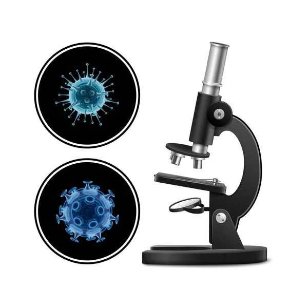 Mikroskop s vektorovou ilustrací bakterií izolovaný na bílém pozadí. Virus. Uzavření mikroskopu. — Stockový vektor