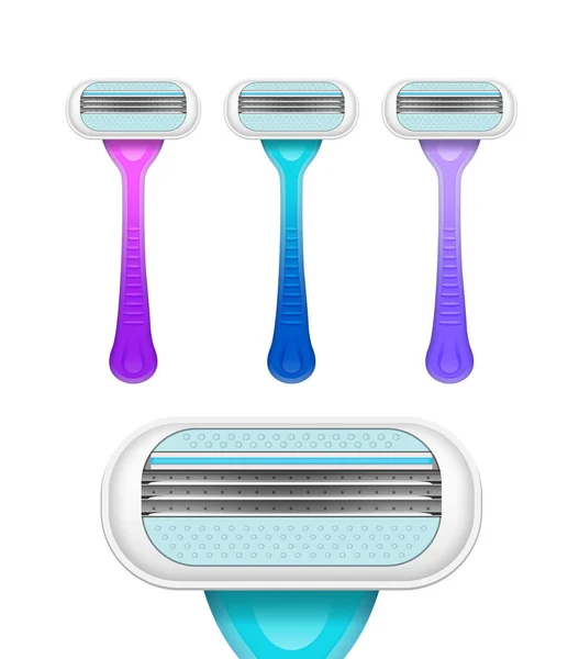 Hair removal instruments. Set of razors in different colors. Vector realistic illustration isolated on white — Stock Vector