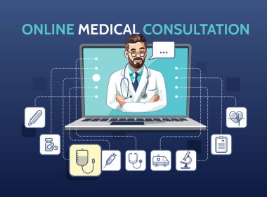 Bilgisayarı kullanarak doktorla tıbbi çevrimiçi konsültasyonun vektör çizimi. Simgelerle uygulama kavramı