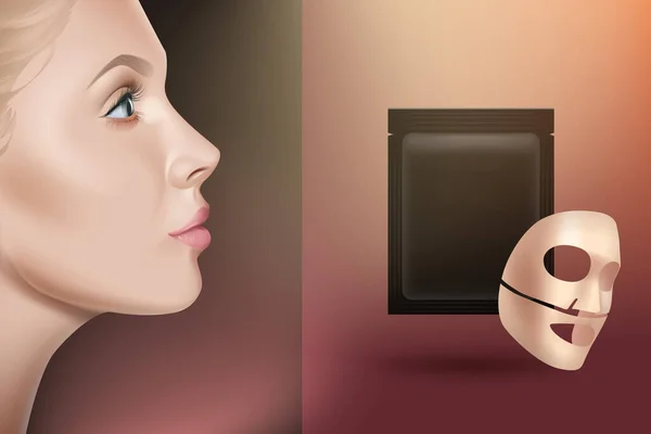 Máscara cara de hoja concepto de publicidad. Algodón o gel mascarilla con paquete, las niñas cara vista lateral. Vector realista — Vector de stock