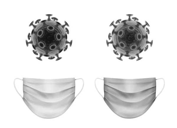 Conjunto vectorial monocromático de bacterias coronavirus con mascarillas médicas aisladas sobre fondo blanco . — Archivo Imágenes Vectoriales