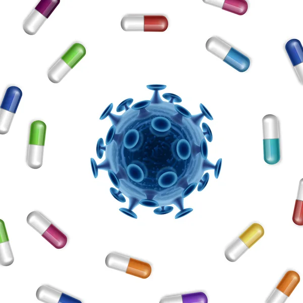 Бактерії Векторний фон з таблетками та коронавірусом посередині Стокова Ілюстрація