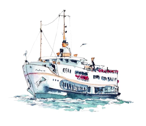 Watercolor and ink sketch of typical Istanbul ferry, Turkey. Hand painted isolated element in modern loose style on white background. For post cards, posters, covers and travel design.