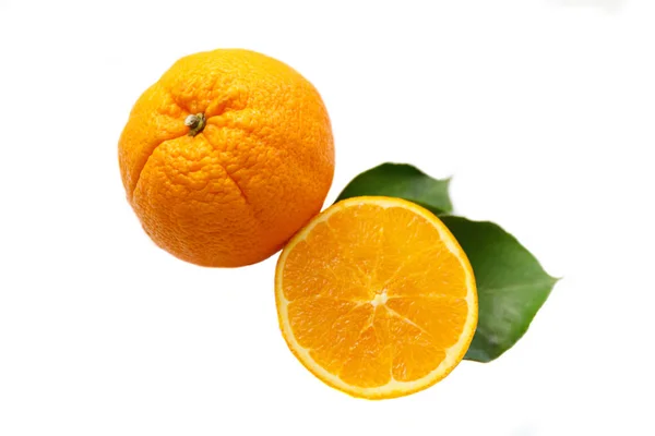 Fresh bio oranges with leaves isolated on white background — 스톡 사진