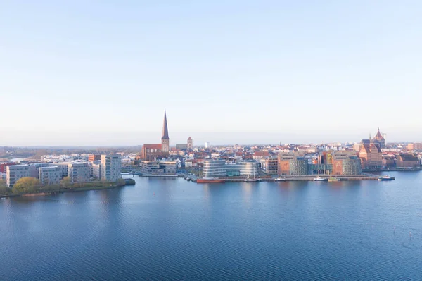 Panorama Rostock Vista Sobre Río Warnow Primeras Horas Monring — Foto de Stock