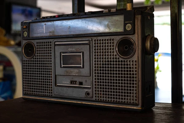 Old fashioned audio tape player on top desk wood — ストック写真