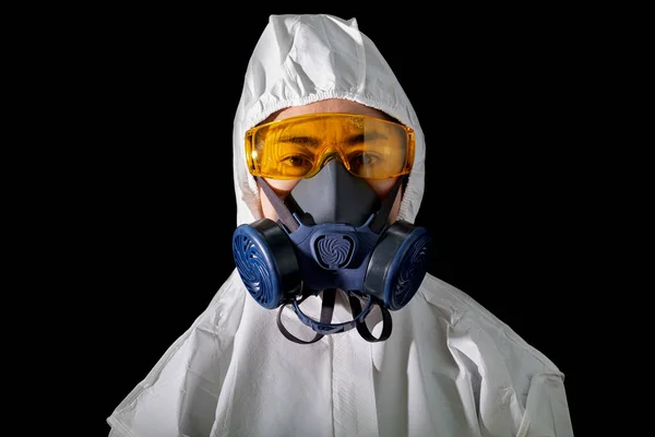 Woman in chemical protective clothing and antigas mask with glas — Stock Photo, Image