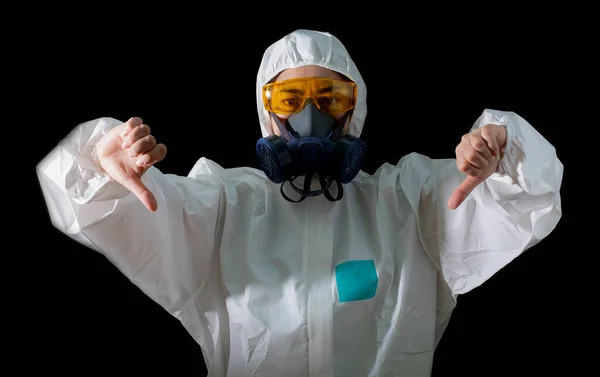 Woman Thumb Sign Chemical Protective Clothing Antigas Mask Yellow Glasses — Stock Photo, Image