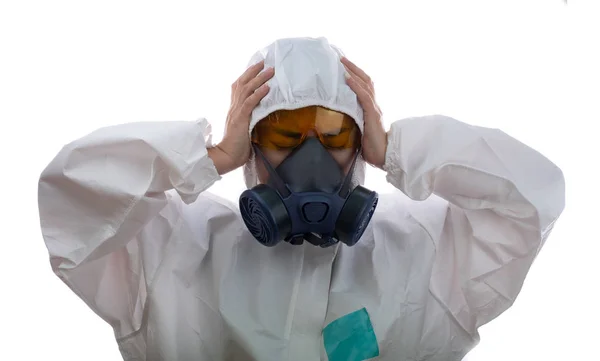Vrouw Voelen Spanning Een Chemische Beschermende Kleding Antigas Masker Met — Stockfoto