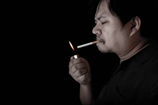 Fat Man Lighting Joint Lighter Smoking Black Background Close Image — Stock Photo, Image