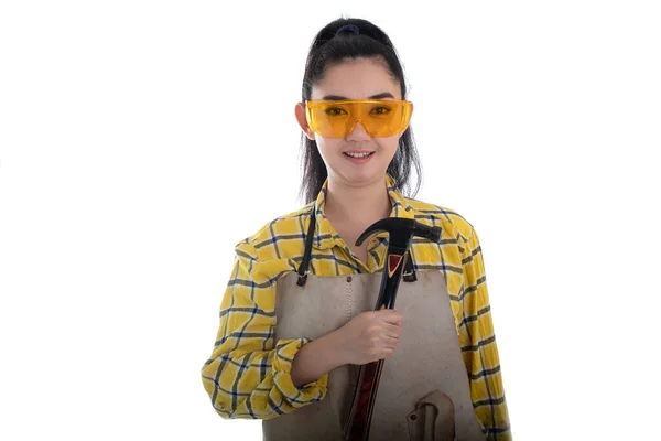 Portrait Young Asia Woman Carpenter Hand Holding Hammer Looking Forward — Stock Photo, Image