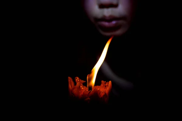 Face Woman Blow Out Candle Black Background — Stock Photo, Image